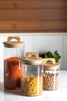 Mirilliahome 3'lü Bambu Kapaklı Cam Kavanoz Seti – Mutfak İçin Şeffaf Saklama Kavanozu