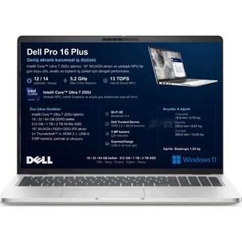 Dell Pro 16 Intel Core Ultra 7 255U 16GB 2tb SSD 16" Fhd+ Windows 11 Home Taşınabilir Bilgisayar - 2 TB - 16 GB