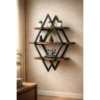 Doğal Ahşap ve Dayanıklı Metal Profil Dekoratif Ahşap Üçgen Raf 85 cm Büyük Boy