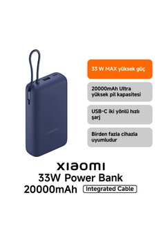 Xiaomi Power Bank USB ve USB-C Portu ve USB-C Entegre Kablo 20000mAh 33W BHR8975GL - Mavi