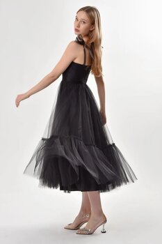 Asees Kadın Abiye Ve Mezuniyet Elbise Omuzları Bağlamalı Siyah Renkli Tül Abiye Elbise 44 Beden