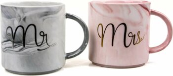 MUKKO HOME Lüks Mermer Desenli Mr & Mrs 2'li Porselen Kupa Seti – 400 ml, Hediyelik Kutulu