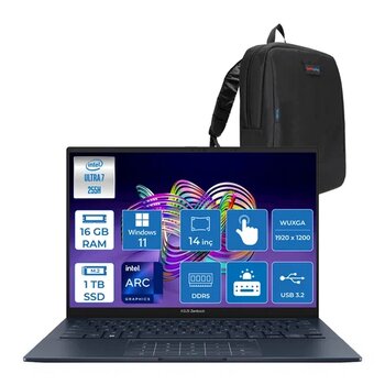 Asus Zenbook 14 Intel Core Ultra 7 255H 16Gb Lpddr5x 1Tb Ssd Intel Arc Graphics 14.0" Wuxga Oled 400Nıt Windows 11 Pro Dokunmatik Taşınabilir Bilgisayar Ux3405cap02 + Zettaçanta