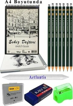 A4 120 gr Eskiz Defteri Telli 7 Adet Dereceli Kalem Çizim Seti Pastel Dağıtma Silgi Karakalem Eskiz Seti Kalemtraş - Siyah