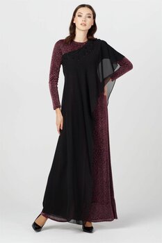 Esswaap Simli Desenli Şifon Pelerinli Abiye Elbise Mürdüm 36 Beden