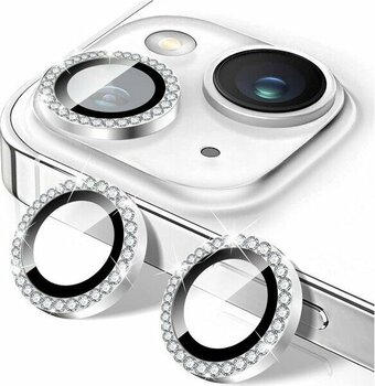 Fibaks Apple iPhone 13 Mini Taşlı Parlak Kamera Lens Koruyucu Cam ve Çerçeve Kamera Koruma Lensi - Gümüş