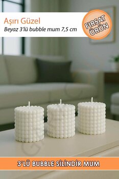garaccu Kalın 3'lü Kokusuz Dekor Bubble Kütük Mum Beyaz 6x7,5 cm