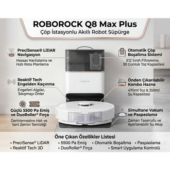 Roborock Çöp Istasyonlu Akıllı Robot  Q8 Max Plus Süpürge Beyaz+ Fakir Mutfak Tartısı Hediye - Beyaz