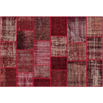 Kırmızı Patchwork Etnik Modern Desenli Yün Hav Toz Vermez Leke Tutmayan Salon Yolluk Mutfak El Dokuma Halı - 120 x 180 cm