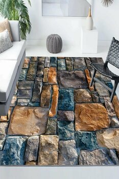 3D ELSE HALI Mavi Kahve Taş Duvar Desenli Modern Kaymaz Yıkanabilir Mutfak Salon Halısı