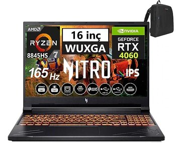 Acer Nitro V16 ANV16-41 Amd R7 8845HS Aı 24GB Ddr5 512GB SSD 8GB/RTX4060 Freedos 16" 165Hz Wxuga IPS Taşınabilir Bilgisayar WNHQRUEY00301+WEBLEGELSINÇANTA