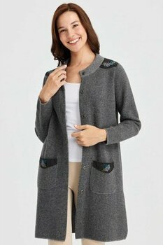 Desen Triko Kadın Dik Yaka Omzu ve Cebi Işlemeli Uzun Yün Kaban Füme - S