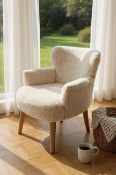 WATERYBROOK Berjer - Tekli Koltuk - Teddy Kumaş - Bukle - Ceviz Ayak - Krem