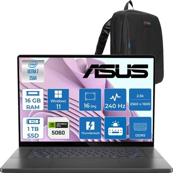 Asus Rog Zephyrus G16 (2025) Intel Core Ultra 7 255H 16Gb 7467Mhz Ddr5 1Tb Ssd Windows 11 Home Rtx5060 8Gb Gddr7 105W Rog Nebula Display 2.5K (2560 X 1600, Wqxga) Oled 240Hz Gu605cmqr064h03