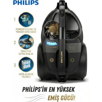 Philips Turbo Başlıklı Halı Döver Fırça ve Kumandalı Kontrol Marathon Ultimate Powercyclone 10 Teknolojisiyle Toz Torbasız Süpürge XB9145 - Siyah - .