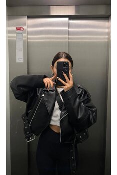 Ekim Store Kemerli Boyfriend Crop Deri Ceket S Beden