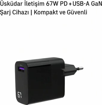 Üsküdar İletişim 67w Led Ekranlı Hızlı Şarj Adaptörü | Pd & Usb-A | Seyahat Boyutu