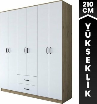Rani BA113 Geniş Gardırop Elbise Dolabı 6 Kapaklı 2 Çekmeceli 6 Raflı 3 Askılı Sepet Ceviz - Beyaz