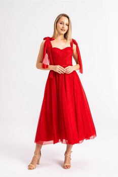 Lenta Moda Simli Midi Boy Kırmızı Abiye Ve Balo Elbisesi 42 Beden