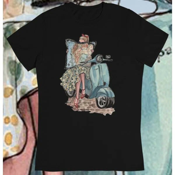 Playbackmoda Vespa Motor Scooter Tasarım Baskılı Siyah 100% Pamuklu 2XL T-Shirt