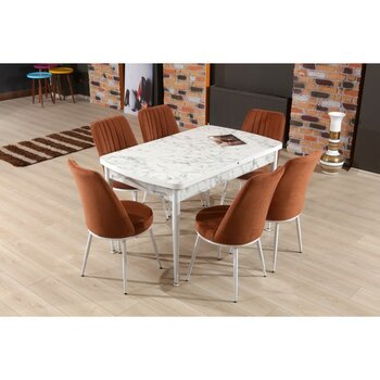 My Massa Mymassa - Elit Trend Carrara  Mutfak Masası + 6  Gold Sandalye Takımı - Beyaz Metal Ayak - Kahverengi
