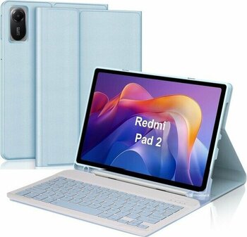M.TK Moveteck Xiaomi Redmi Pad 2 Uyumlu Tablet Klavyeli Kılıf Kablosuz Bluetooth Akıllı Kalem Bölmeli Tükçe Q Klavyeli Tablet Kılıfı - Açık Mavi