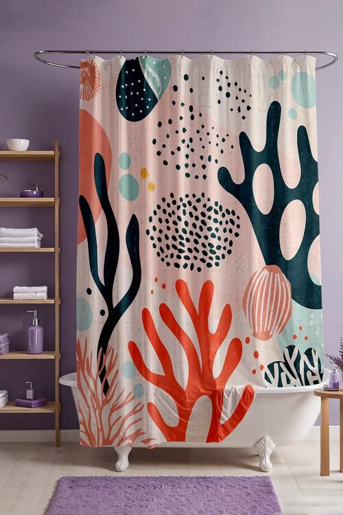 EVPANYA Geometrik Deniz Altı Desenli Duş Perdesi Bej 175x200cm Banyo Perdesi