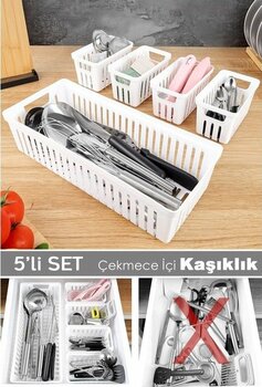 5 Parça Modüler Kaşıklık Seti - Çok Amaçlı Çekmece İçi Düzenleyici Mutfak Organizer Kepçelik Beyaz