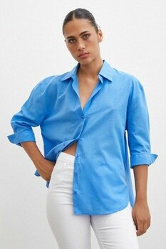 Never More  Geniş Manşetli Keten Gömlek Mavi - S