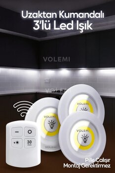 VOLEMİ Uzaktan Kumandalı 3'lü Spot LED Lamba Kablosuz-Pilli Işık-Mutfak-Raf-Dolap Altı Aydınlatması
