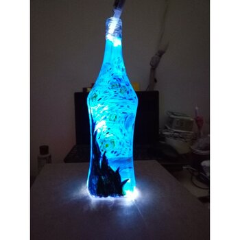 Van Gogh Yıldızlı Gece Temalı El Yapımı Cam Şişe Lamba – LED Işıklı Dekoratif Gece Lambası - Mavi