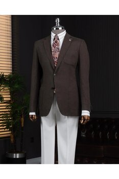 TerziAdemAltun İtalyan stil slim fit mono yaka erkek ceket kahverengi 56 Beden