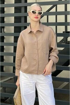 Camel Çizgili Oversize Kadın Gömlek MG2093 - S