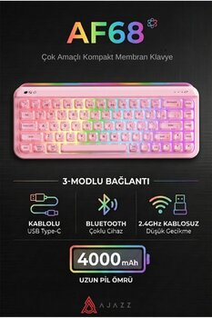 Ajazz Kablosuz (3 Modlu) RGB Membran Klavye- Çift Katmanlı Tuş Kapağı-4.000 Mah Batarya