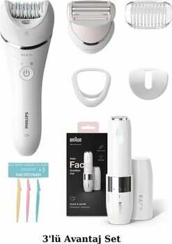 Philips 8000 Bre710 Serisi Islak/kuru Epilasyon Aleti Cihazı - Braun Mini Tüy Alma Makinesi - Kaş Usturası 3'lü Set Beyaz