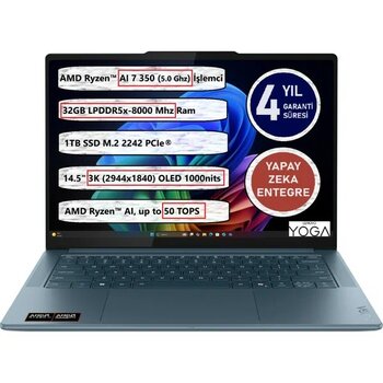 Lenovo Yoga Pro 7 14AKP10 Amd Ryzen Aı 7 350 32GB Ram 1tb SSD 14,5" OLED 83KG000GTR Freedos Taşınabilir Bilgisayar - 1 TB - 32 GB