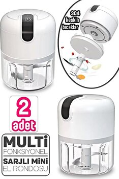 2'li Şarjlı Mini El Rondosu Çelik 3 Bıçaklı 250 Ml Mutfak Robotu Hazneli Sebze Et Doğrayıc Rende