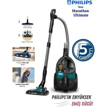 Philips Marathon Ultimate LED Işıklı Başlık, Kumandalı Kontrol  Toz Torbasız Süpürge Allergy H13 Filtreli Temizlik + Turbo Başlık Hediyeli - Antrasit