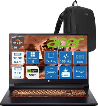 Acer Nitro V17 Anv17 Aı Amd Ryzen™ 7 260 32Gb Ddr5 2Tb Ssd 8Gb/Rtx5070 85W 17.3"Wqxga 2560X1440 165Hz Ips Wın11home Gaming Bilgisayar. Nhqzkey001h09+Zettaçanta