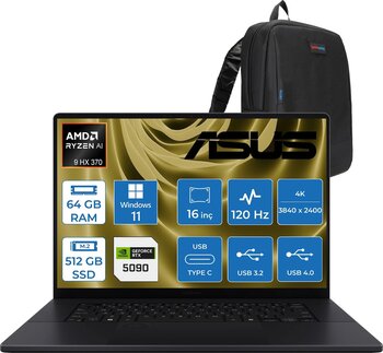 Asus Proart P16 Wh7606wx Amd Ryzen Aı 9 Hx 370 64gb Ddr5 512gb Ssd Windows 11 Pro Rtx5090 24gb Gddr7 16 Inç Dokunmatik 4k(3840 X 2400) Oled 0.2ms 120hz 1600nits Wse039wp01 + Zetta Çanta