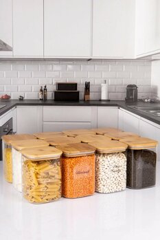 naturelove 12'Li Bambu Vakumlu Kapaklı Erzak Kavanozu Borosilikat Cam Kare 1000 ML