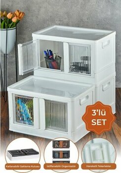 Vienev 3lü Katlanır Istiflenebilir Çift Kapaklı Düzenleyici Kutu Beyaz Çok Renkli
