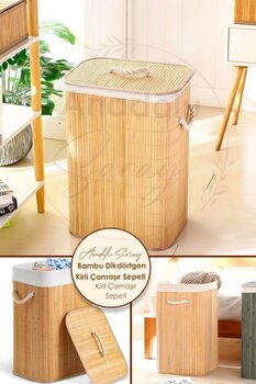 Anadolu Saray Doğal Bambu Kirli Çamaşır Sepeti Dikdörtgen Model Bambu Dayanıklı Kirli Çamaşır Sepeti
