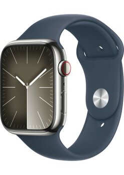 AppleWatch Seri 9 Gps + Cellular 45MM Gümüş Rengi Paslanmaz Çelik Kasa Spor Kordon - M/l MRMP3TU/A