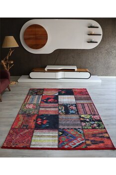 Just Arte Patchwork Kırmızı Salon Halısı Dekoratif Kaymaz Taban Makinede Yıkanabilir Kırkyama Mutfak Halısı