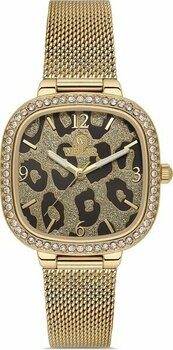 Welar WEL2512-5 Leopar Çelik Hasır Kordon Kare Taşlı Zarif Kadın Kol Saati 3 Atm Su Geçirmez - Altın