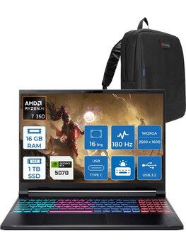Acer Nitro V 16 ANV16S-61 Amd Ryzen 7 350 16GB Ddr5 1tb SSD 8GB/RTX5070/85W 16" Wqxga (2560 x 1600) IPS 180Hz Windows 11 Pro Taşınabilir Bilgisayar NHQXNEY003P02 + Zettaçanta - 1 TB - 16 GB