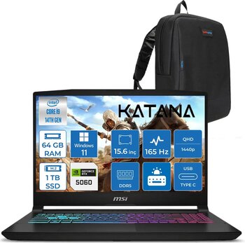 Msı Katana 15 Hx Intel Core I9 14900hx 64gb Ddr5 1tb Ssd Windows 11 Home Rtx5060 8gb 115w 15.6" 2k Qhd(2560x1440) 165hz Taşınabilir Bilgisayar B14wfk450xtrh38 + Zetta Çanta