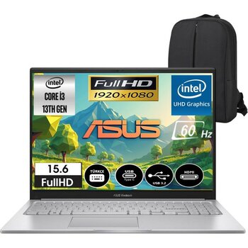 Asus Vivobook 15 Intel Core I3-1315U 40GB 512GB SSD 15.6" Fullhd Windows 11 Taşınabilir Bilgisayar & Cimete Çanta - 512 GB - 40 GB