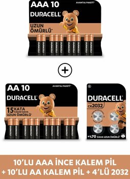 Duracell AAA Alkalin İnce Kalem Pil & AA Alkalin Kalem Pil (10’lu paket) +2032 4'lü Düğme Pil